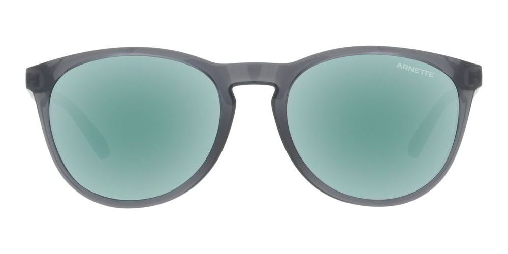 Sleek Gray Frame with Greenish-Blue Tinted Lenses
