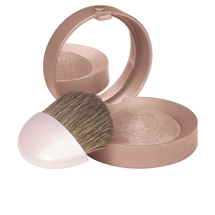 Round baked cheek blush compact with mirror and brush, shade 085 Sienne
