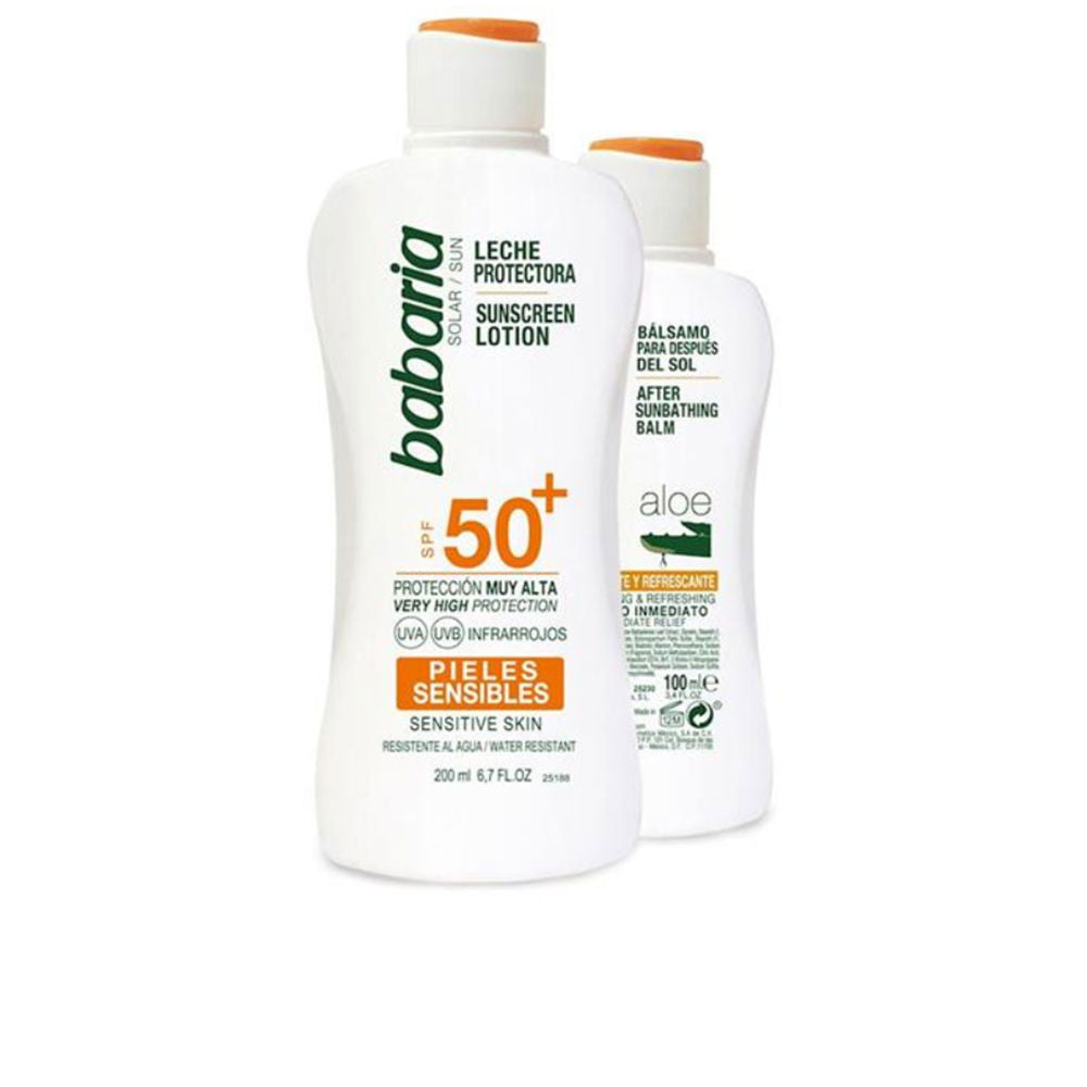 Bottle of Babaria SPF50 sun milk for sensitive skin, water-resistant protection