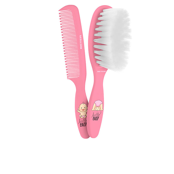 Unisex baby brush with ultra‑soft fibres and rounded‑tooth comb with long handles