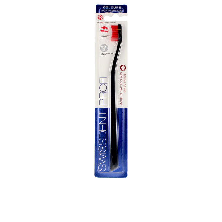 Black and red compact toothbrush with spoon-cut dense nylon bristles