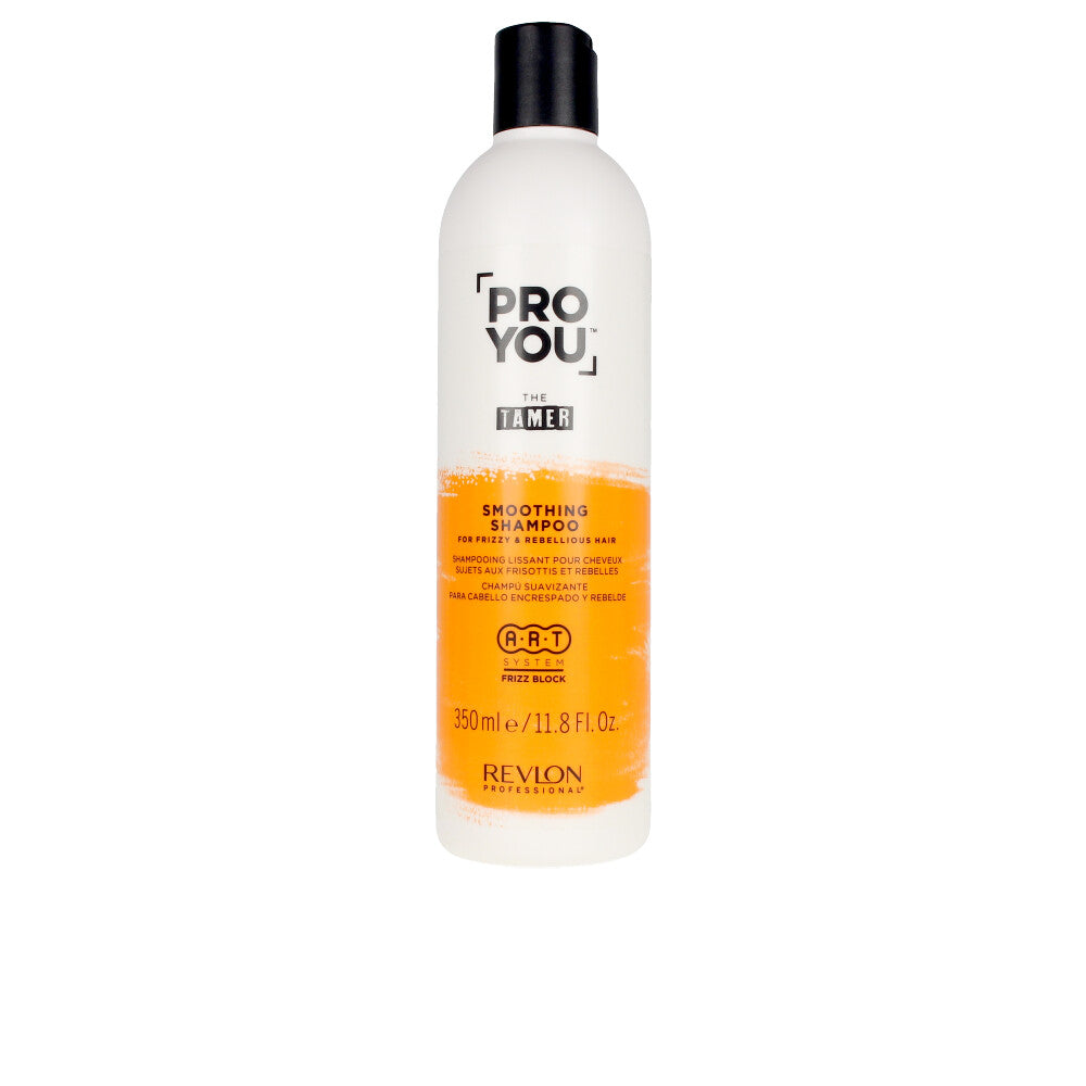 350 ml bottle of smoothing shampoo for frizz‑prone hair, white packaging