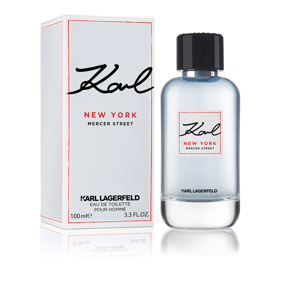 Transparent cylindrical 100 ml eau de toilette bottle with white label and black cap