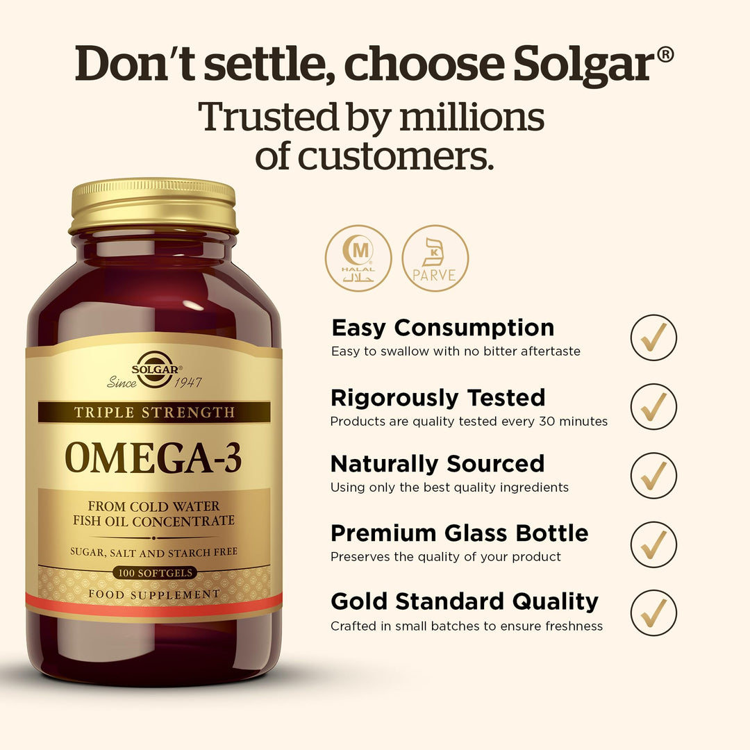Bottle of 100 cold‑water fish oil softgels, gluten‑free omega‑3 supplement