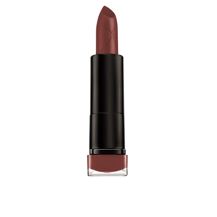 Matte bullet lipstick in dusky rose shade with angled tip, 28 g packaging visible