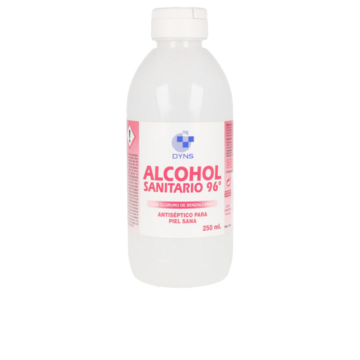 Dyns Plastic white bottle with pink and red label, screw cap, warning symbol, simple clinical design