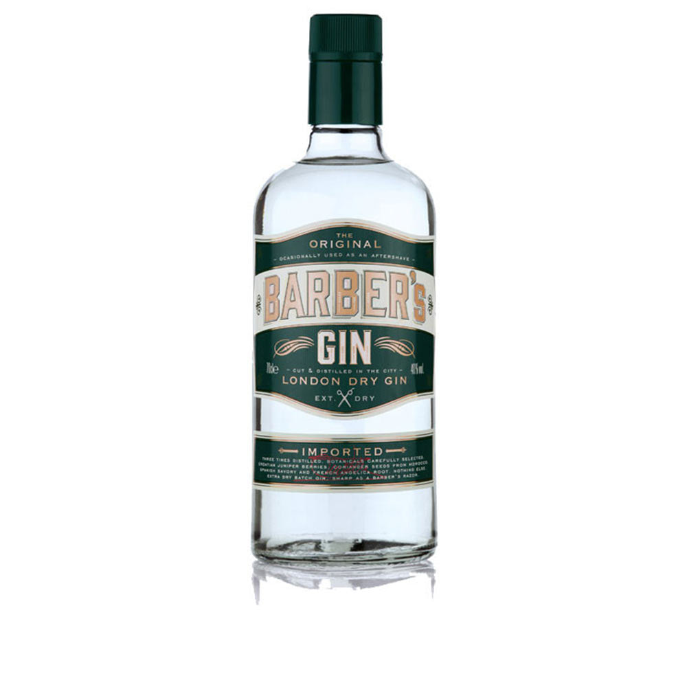 Clear bottle of Barber's London-style gin with classic, juniper-forward profile