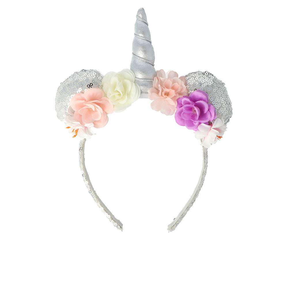 Slim sequin headband with padded ears, floral embellishments and gold-cord horn