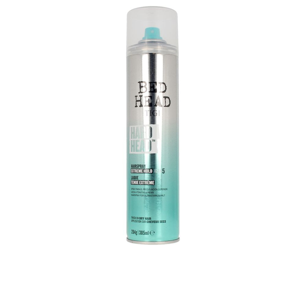 Tall aerosol can of hard-hold satin hairspray, 385 ml, unisex styling finish