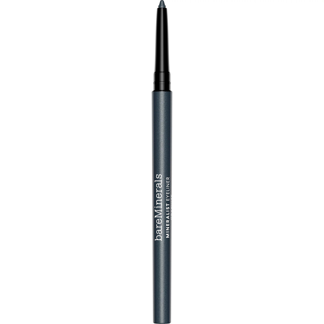 Graphite mineral eyeliner pencil in slim black recyclable tube, creamy tip visible