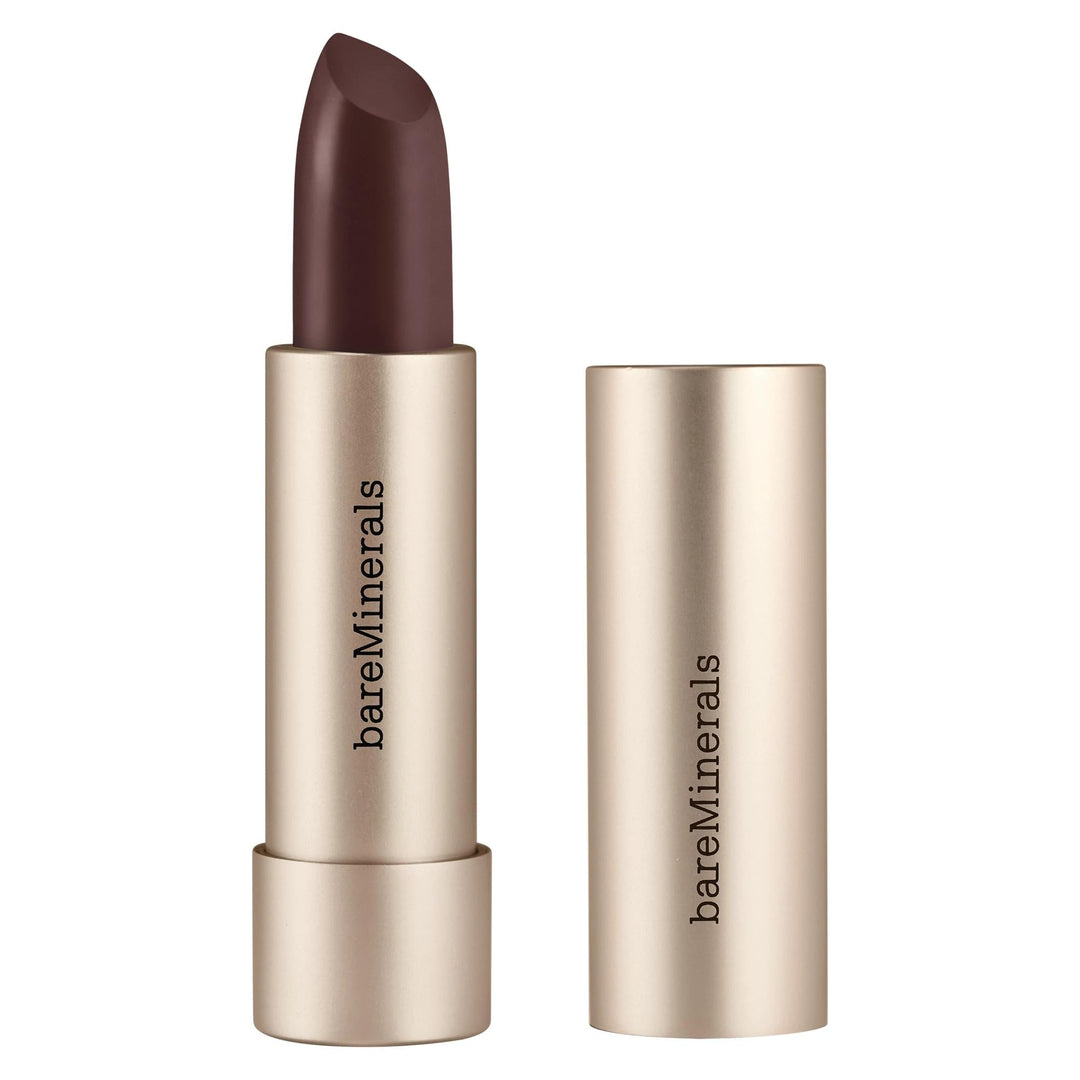 Satin creamy lipstick bullet in warm rose shade with gold‑trimmed black case