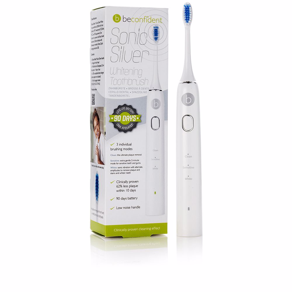 White and silver sonic electric toothbrush with compact brush head, Unisex