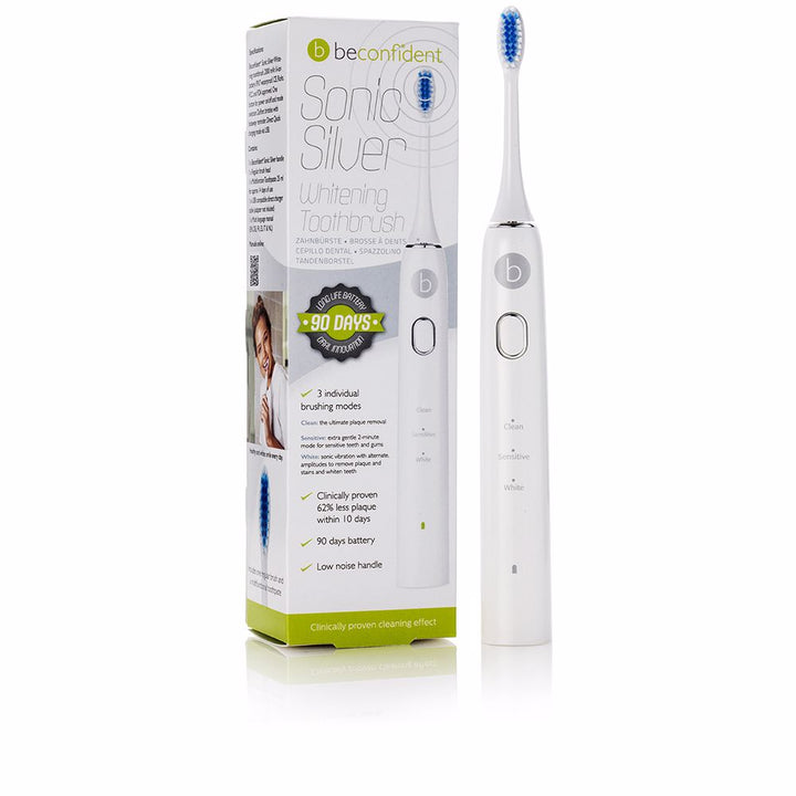 White and silver sonic electric toothbrush with compact brush head, Unisex