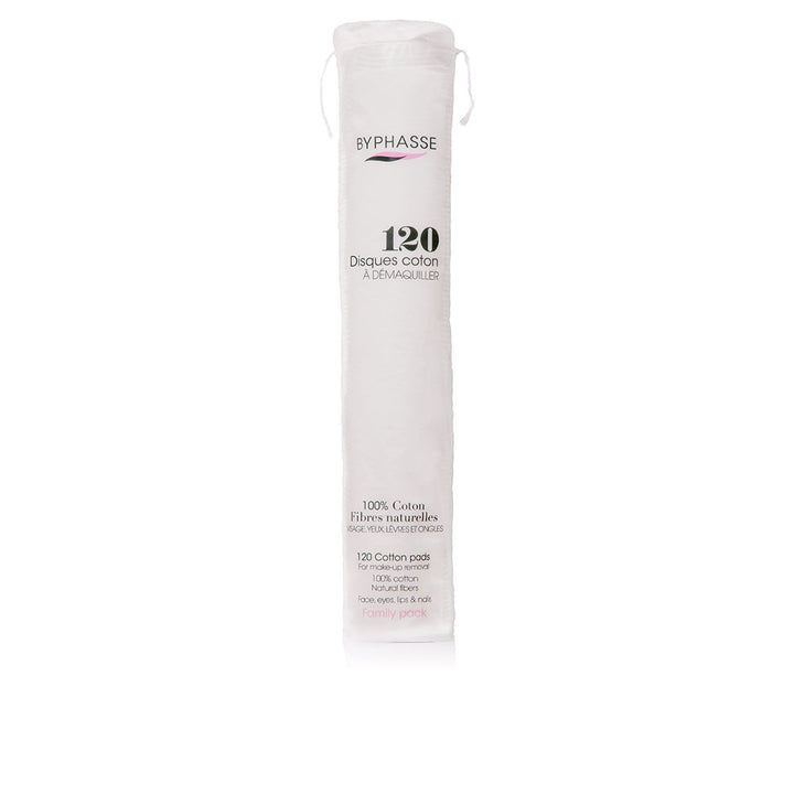 Stack of double‑sided 100% cotton cleansing pads, 120 units, textured and soft faces visible