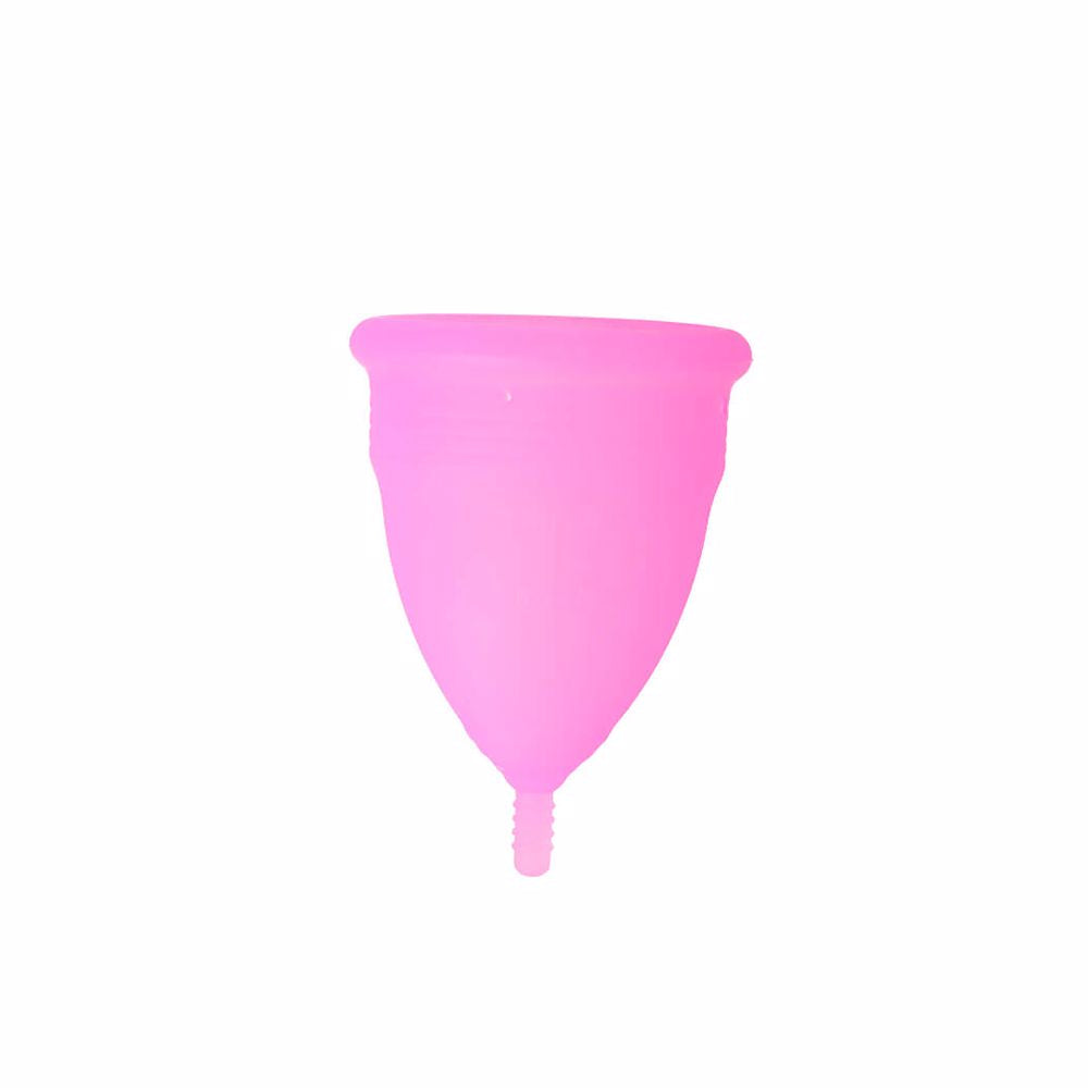 Mid‑size translucent silicone menstrual cup in upright position