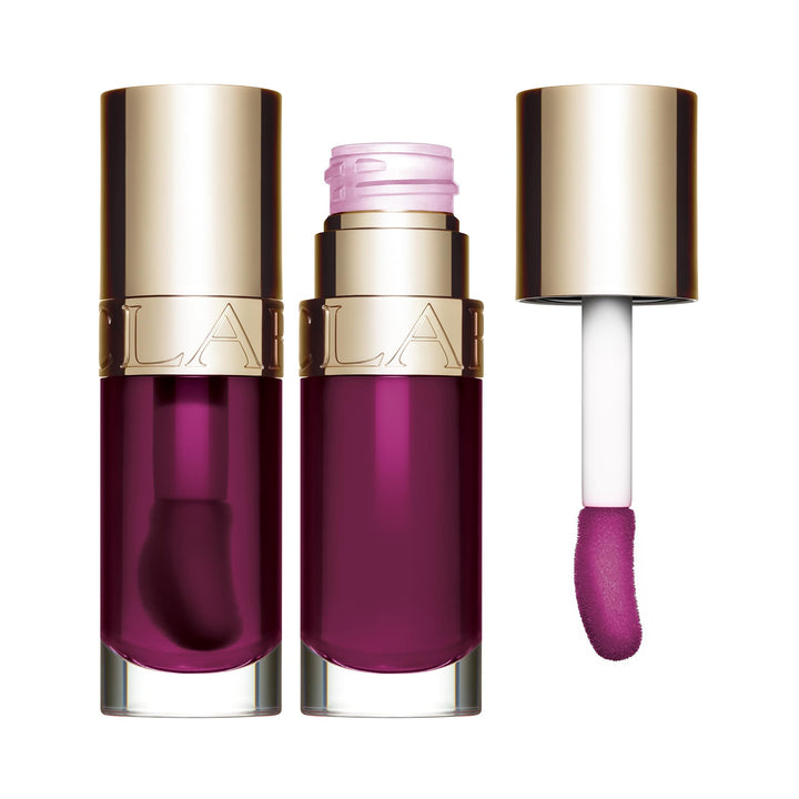 7 ml plum-tinted lip oil in clear tube, glossy finish, labelled 7 ml