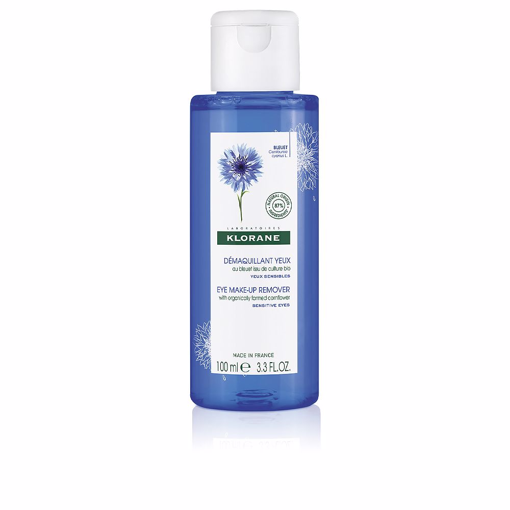Clear 100 ml bottle of organic cornflower eye makeup remover, gentle formula