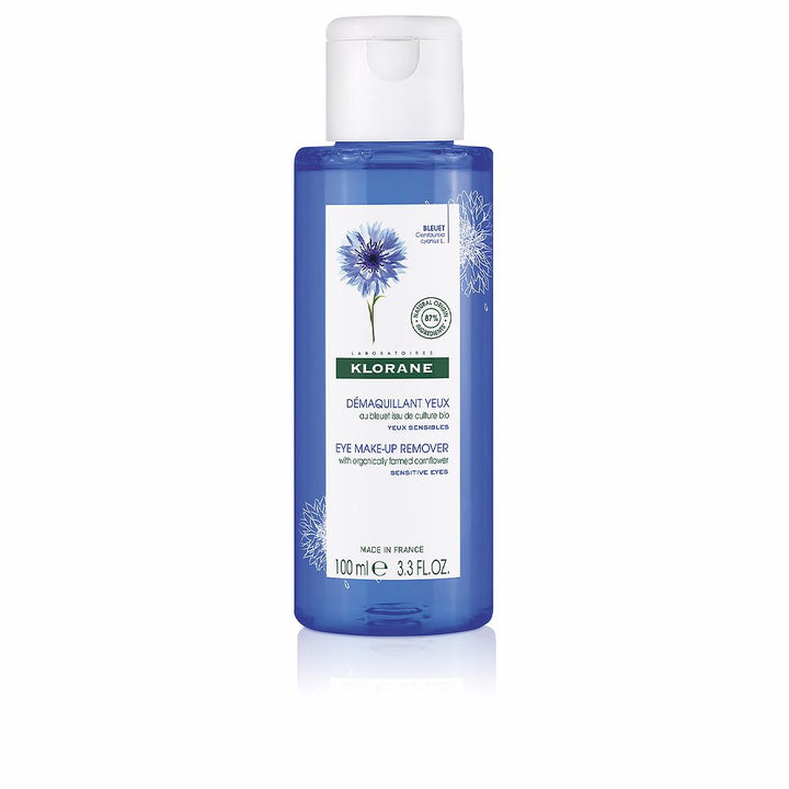 Clear 100 ml bottle of organic cornflower eye makeup remover, gentle formula