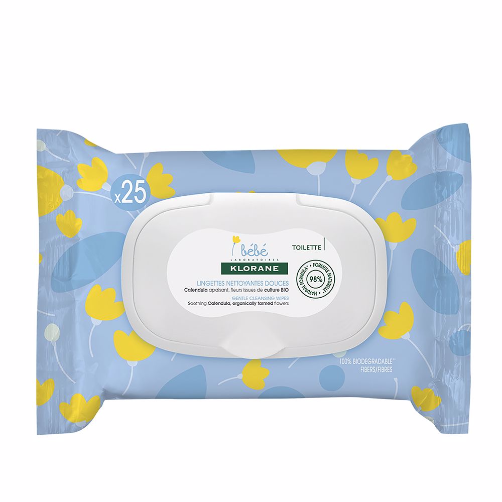 Resealable pack of calendula baby cleansing wipes, 25 units, biodegradable fibres