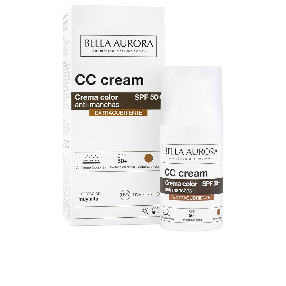 Bella Aurora CC Cream SPF 50+ tube with color-adapt texture, protective sunscreen