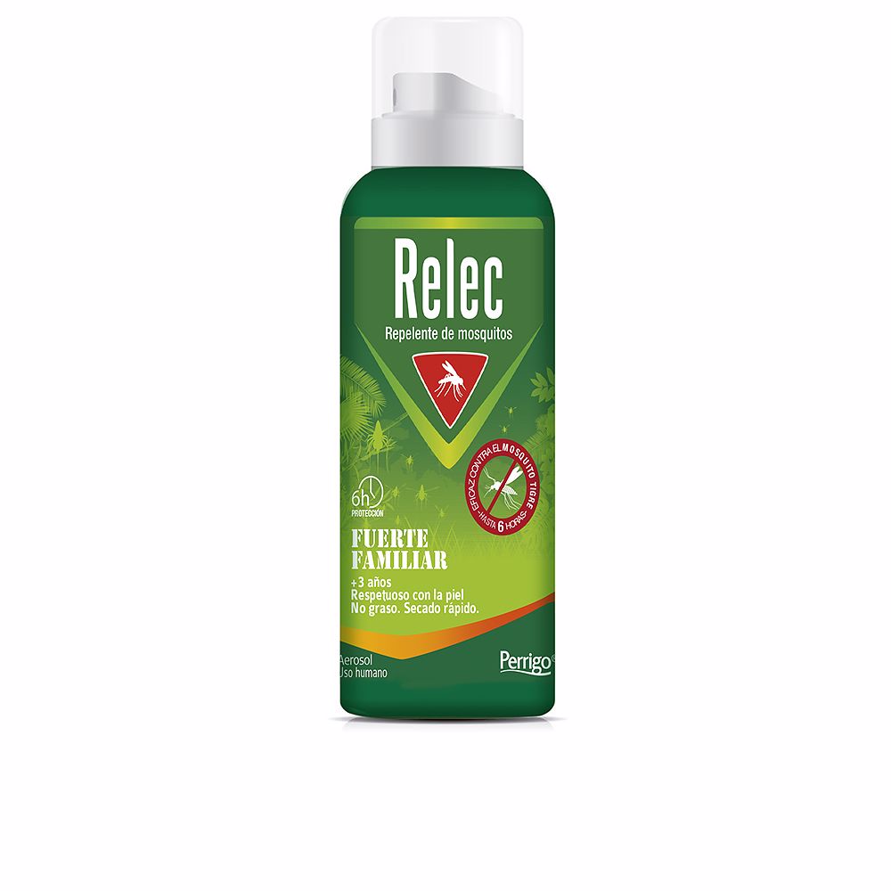 Relec Green plastic mosquito repellent spray bottle with nozzle, protective cap, and labeled text and graphics