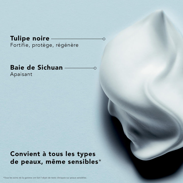 150 ml shaving mousse can, creamy white foam dispensed, black tulip and berry icons