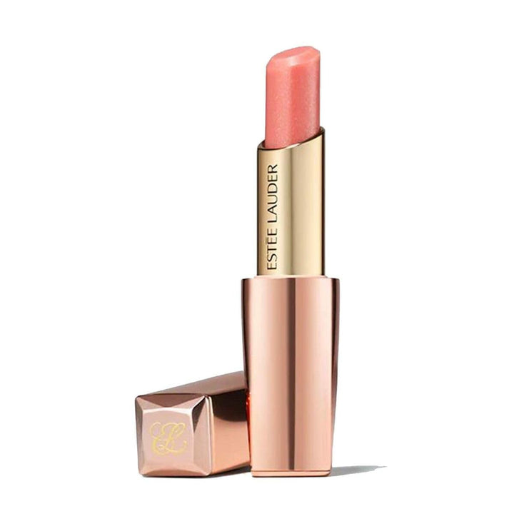 Sheer rose-hued lip balm in 3.2 g tube, glossy translucent finish