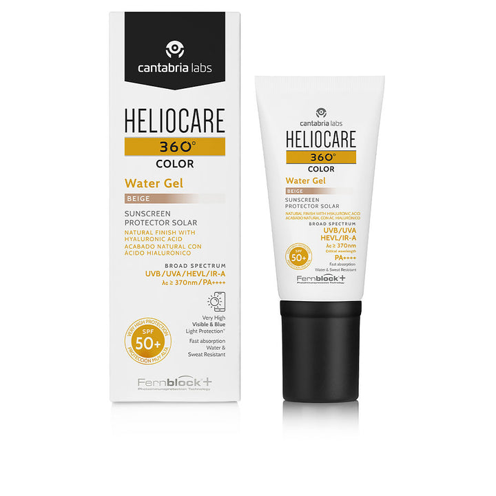 50 ml beige tinted water-gel sunscreen bottle, lightweight gel texture
