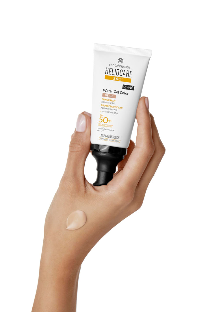 50 ml beige tinted water-gel sunscreen bottle, lightweight gel texture