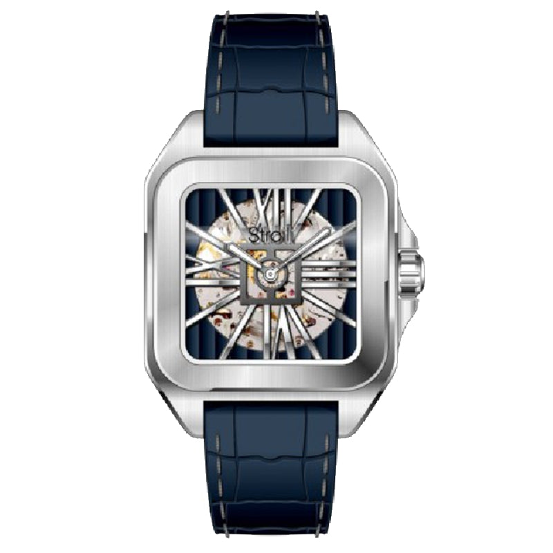 Strait Silver Skeleton Timepiece with Dark Blue Leather