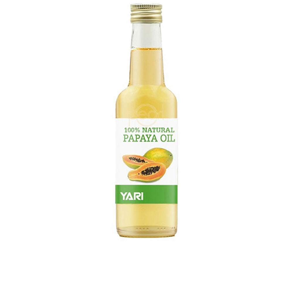 Yari Clear glass oil bottle with metal screw cap, yellow-green oil and papaya label