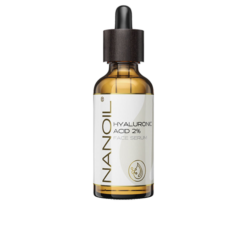 Clear 50 ml hyaluronic facial serum bottle with simple label, lightweight gel