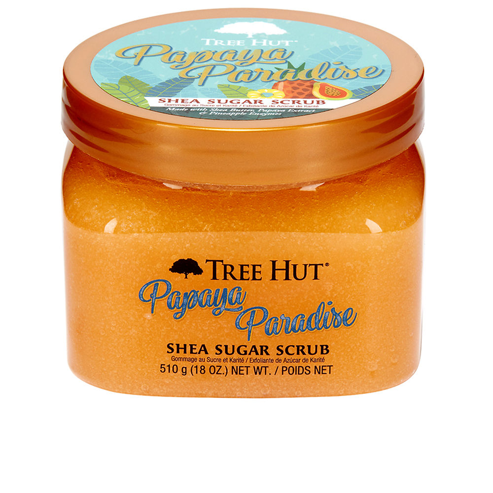 Open jar of papaya sugar body scrub with creamy shea texture, 510 g