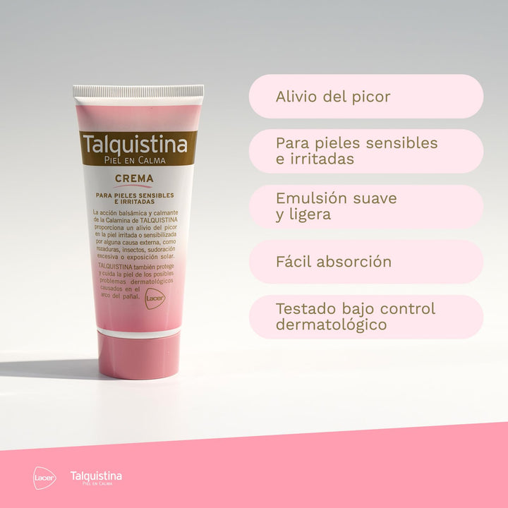 Tube of Talquistina Calamine Cream beside soothing pink calamine powder
