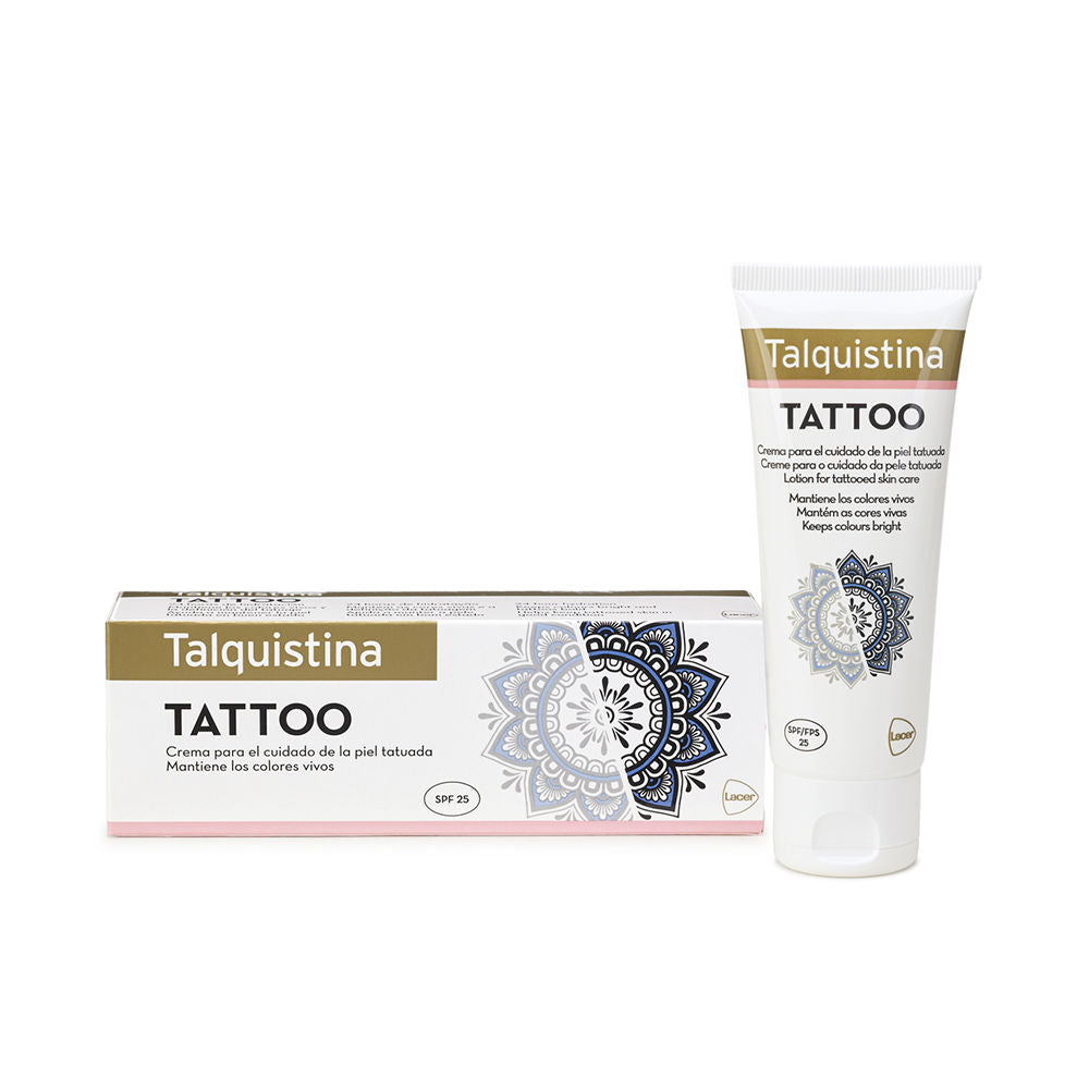 Jar of Talquistina tattoo care cream beside a tattoo sleeve, clean studio setting