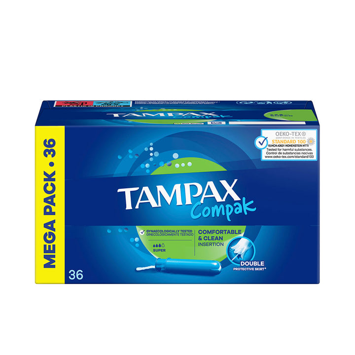 Box of 36 compact tampons with retractable plastic applicators for Women, Super absorbency