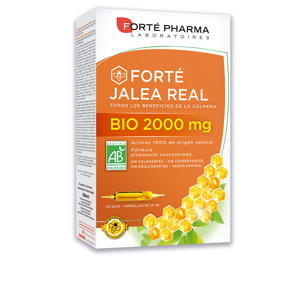 Forté Pharma Orange and white supplement bottle with honeycomb pattern, ampoule illustration, certification logo, leaf graphic