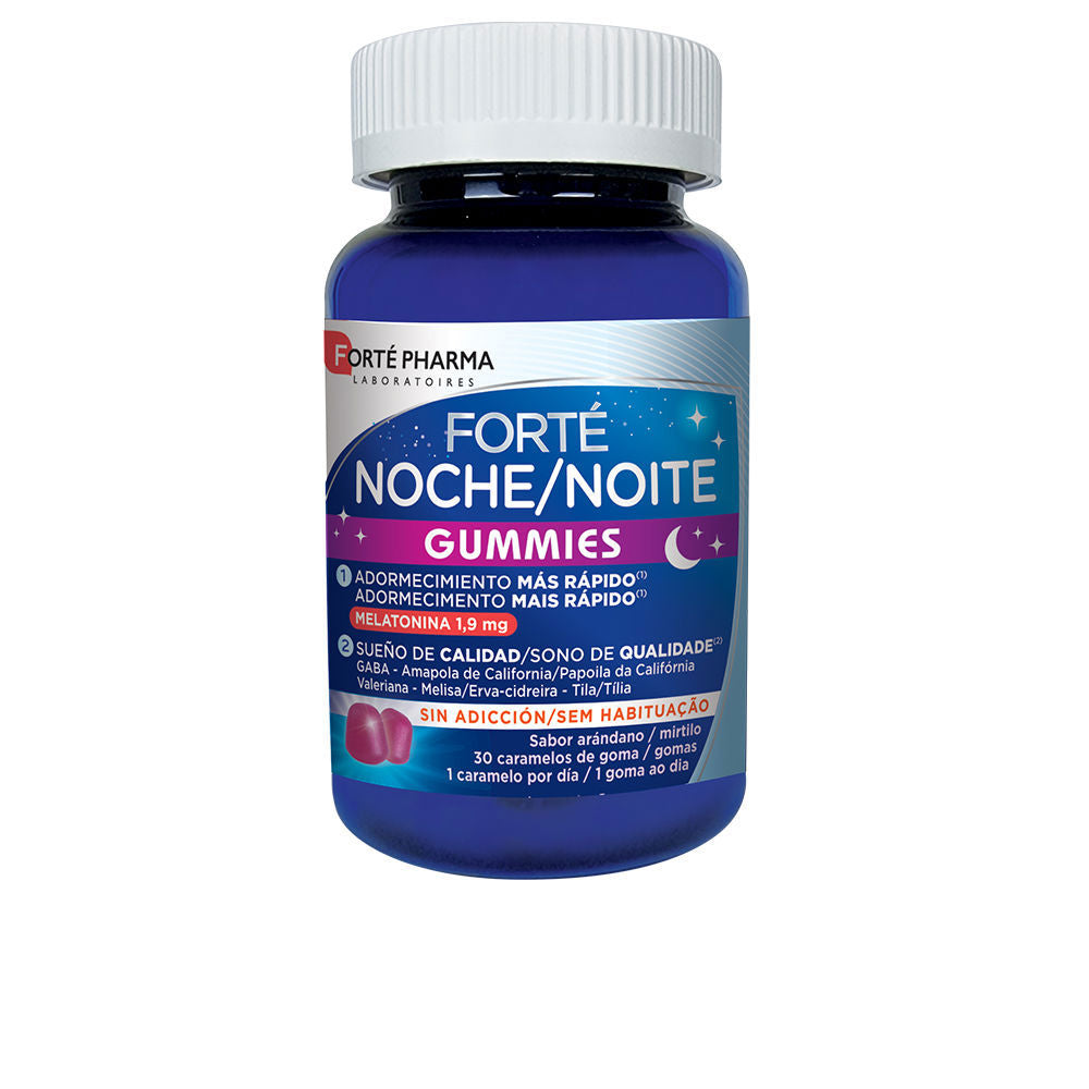 Forté Pharma Clear plastic bottle with child-resistant cap, blue-white label showing purple and red gummies