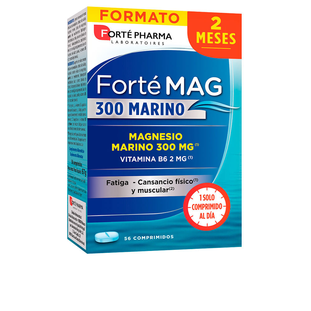 Forté Pharma Rectangular cardboard box with blue-gradient ocean background, text-heavy white panel, red circular badge, blue pill image