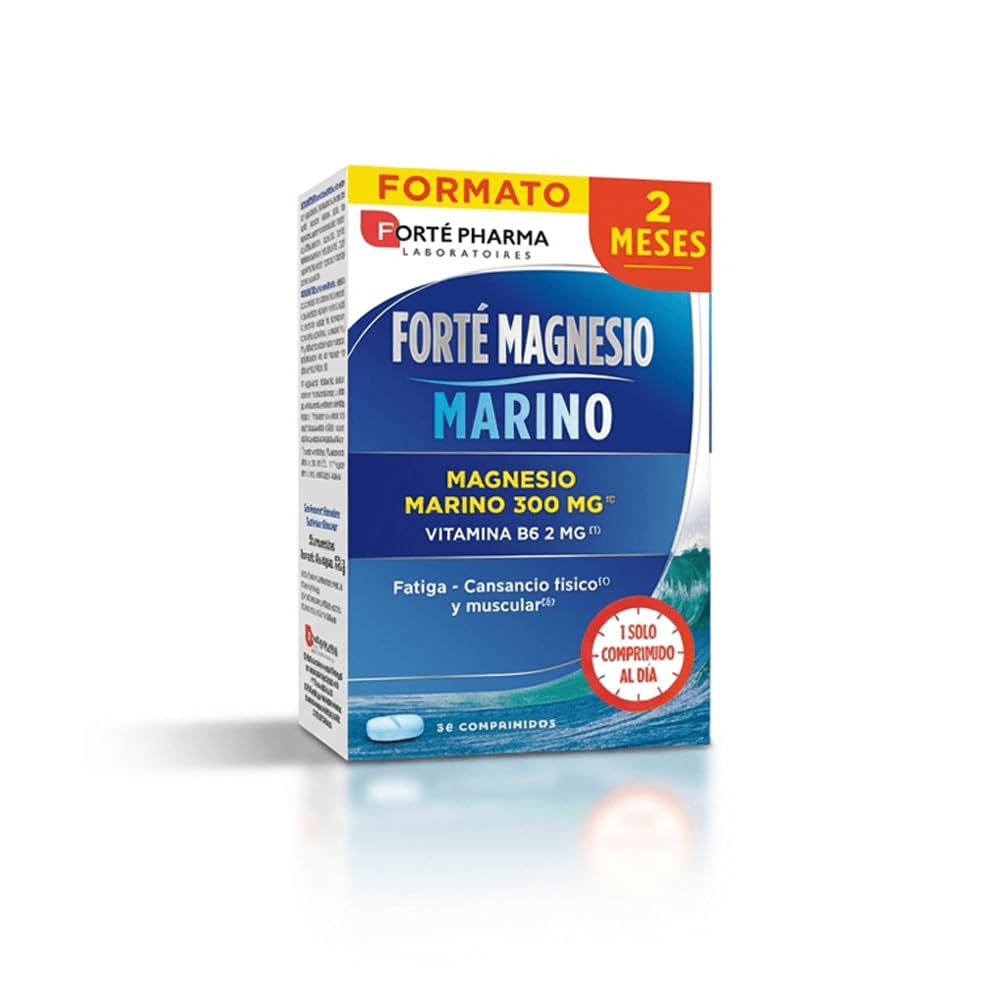 Forté Pharma Rectangular cardboard box with blue-gradient ocean background, text-heavy white panel, red circular badge, blue pill image