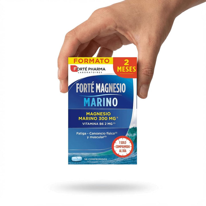 Forté Pharma Rectangular cardboard box with blue-gradient ocean background, text-heavy white panel, red circular badge, blue pill image