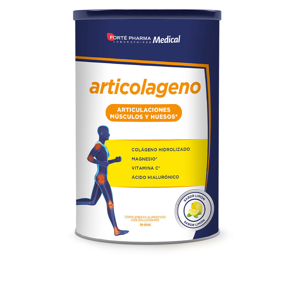 Forté Pharma Blue, white and orange metal supplement container with running figure and round lemon badge