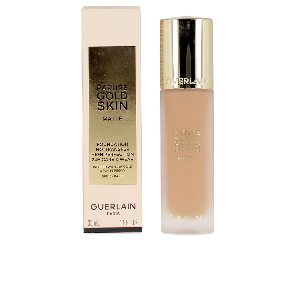 35 ml matte liquid foundation bottle in shade 4N, 24K gold accents