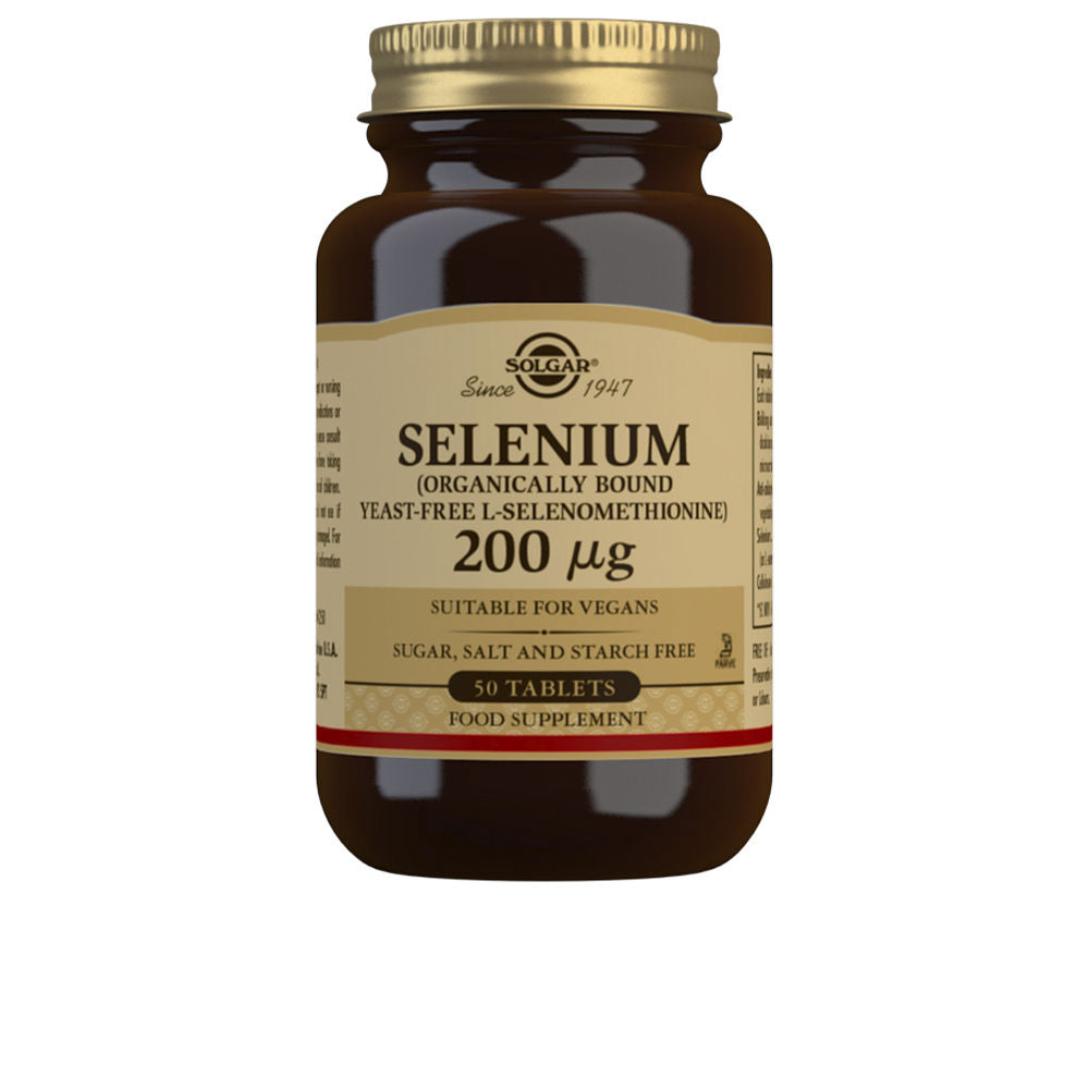 Small amber bottle of 50 selenium 200 µg tablets, vegan supplement, Unisex
