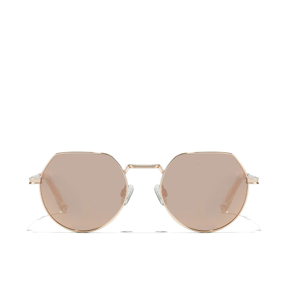 Rose gold semi‑round polarized sunglasses with striated bridge and transparent tips