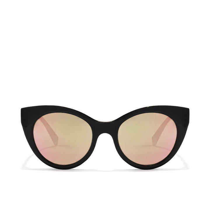 Glossy black cat-eye sunglasses with rose-gold polarized lenses, microfibre case