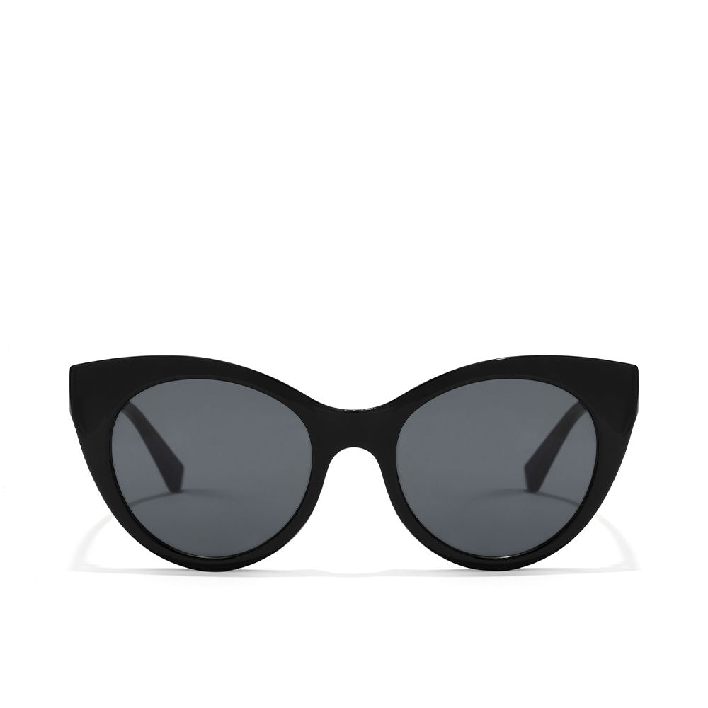 Glossy black cat-eye sunglasses with rose-gold polarized lenses, microfibre case