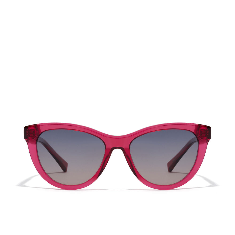 Unisex cat‑eye sunglasses in translucent cherry acetate with grey‑to‑pink gradient lenses