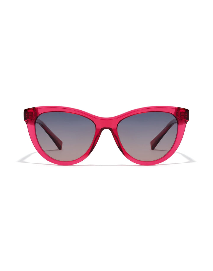 Unisex cat‑eye sunglasses in translucent cherry acetate with grey‑to‑pink gradient lenses