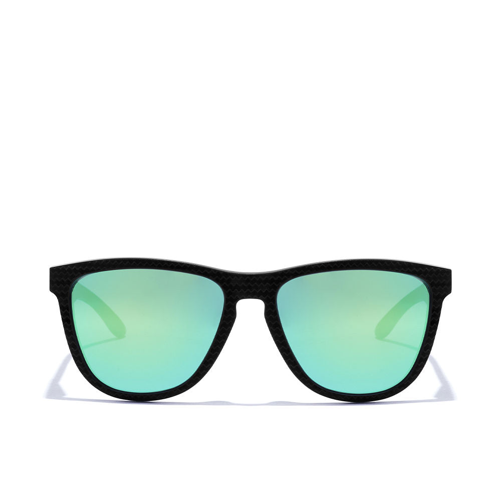 Unisex square black sunglasses with diagonal carbon effect and blue mirrored polarized lenses
